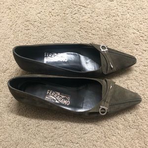 Ferragamo Suede Kitten Heel with Silver Pins